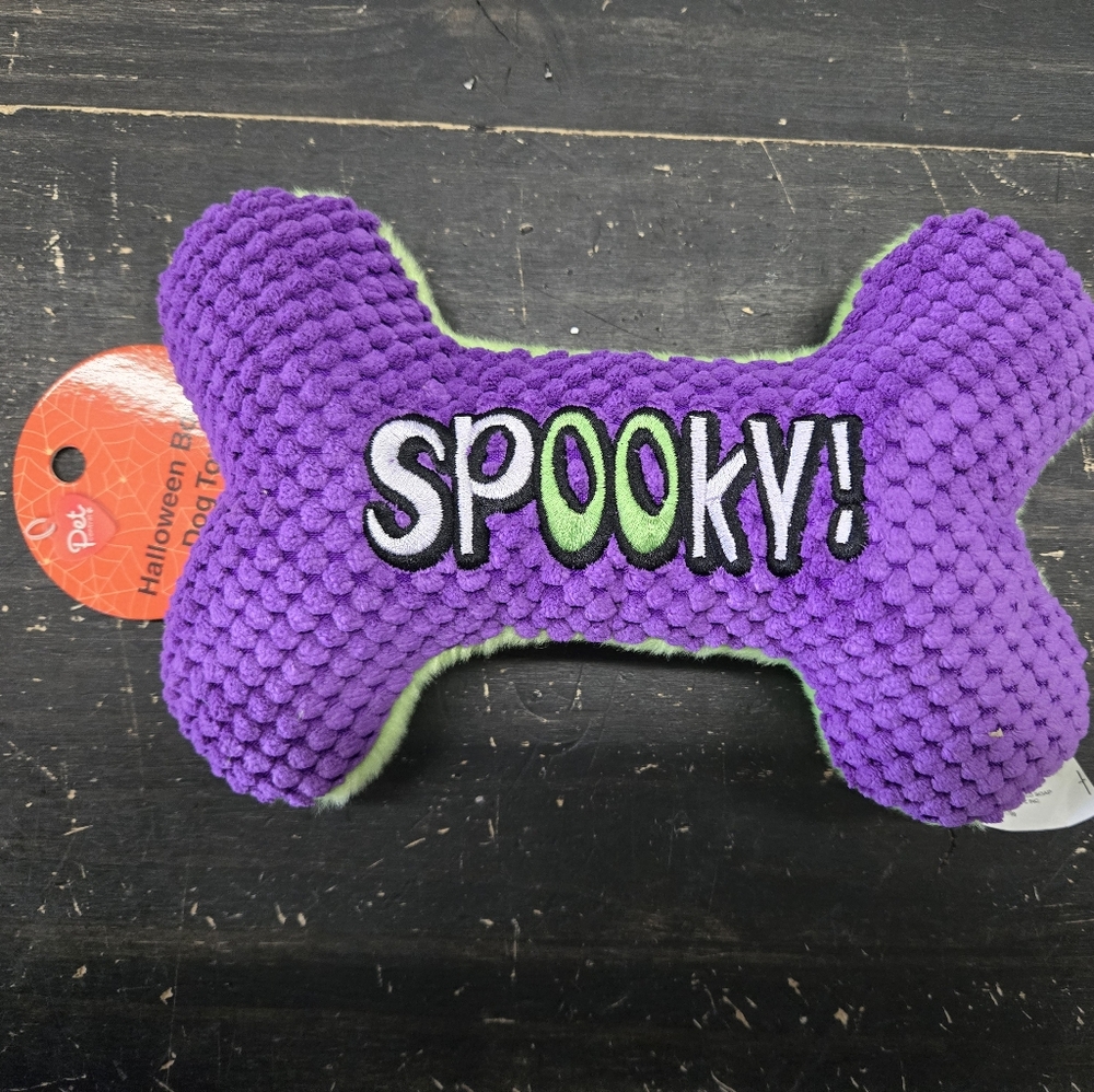 Spooky Purple Dog Toy Plush Bone Squeakee